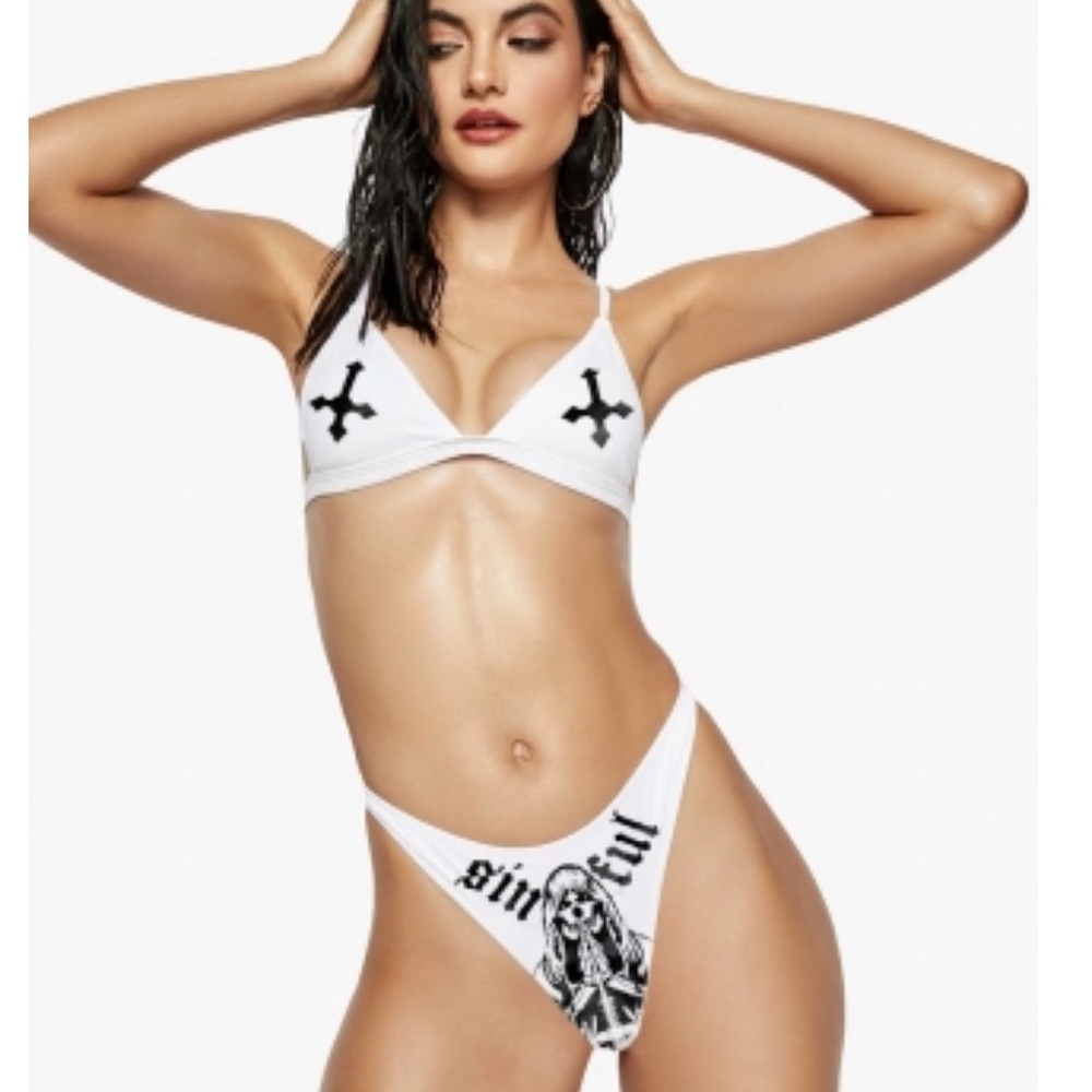 White Graphic Bikini Set high cut size small NWOT